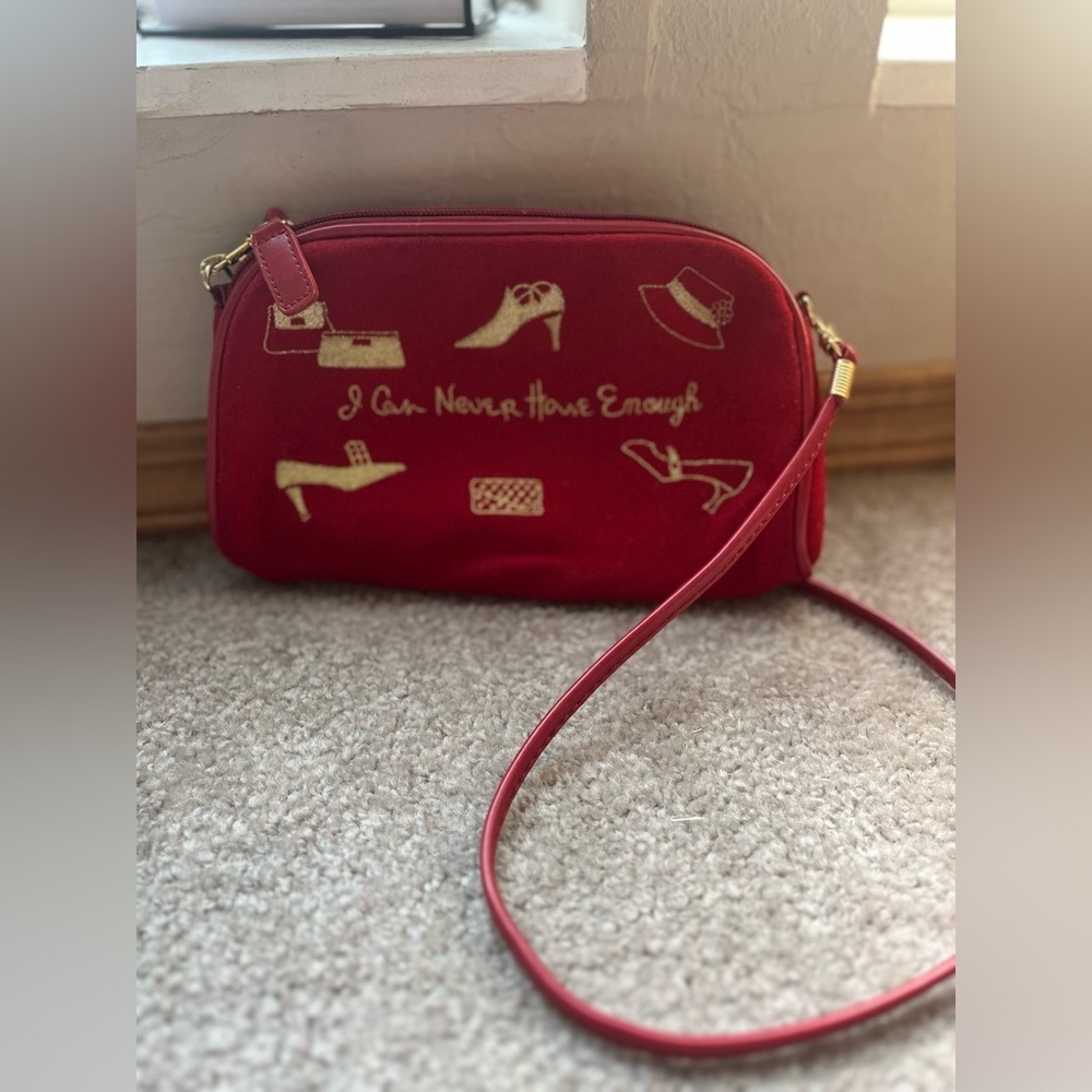 Women’s Small Cherry Red “I Can Never Have Enough” Embroidered Shoulder Bag - Picture 9 of 9